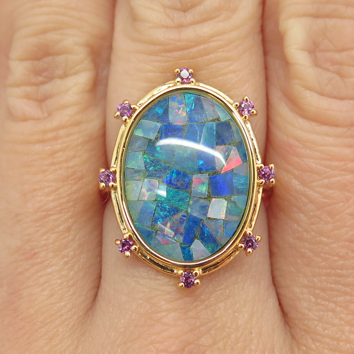 925 Sterling Silver Gold Plated Real Opal Inlay & Amethyst Ring Size 7