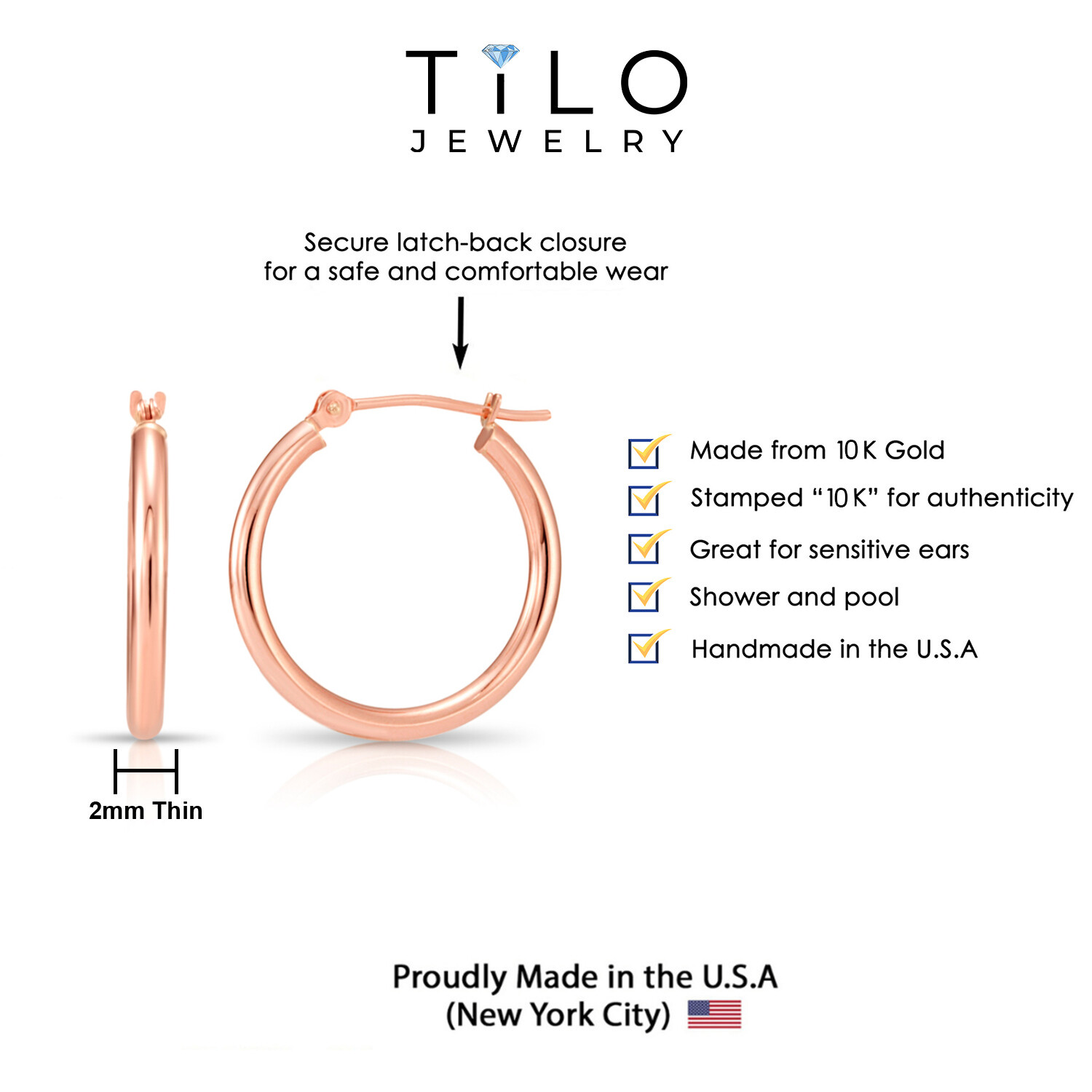 10K Real Solid Rose Gold Shiny Polished Round Creole Hoop Earrings All Sizes