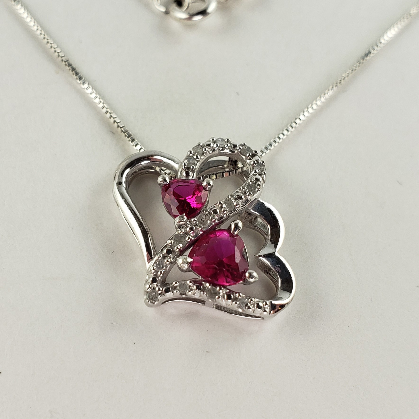 Sterling Silver Red Ruby & Diamond Pendant & 18-in Box Chain 3.2g [7064]