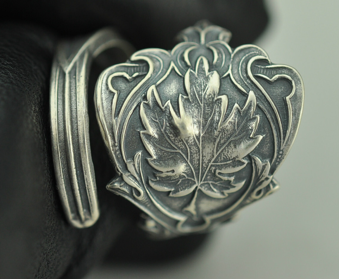 Solid 925 Sterling Silver Maple Tree Leaf Flower Floral Adjustable Spoon Ring