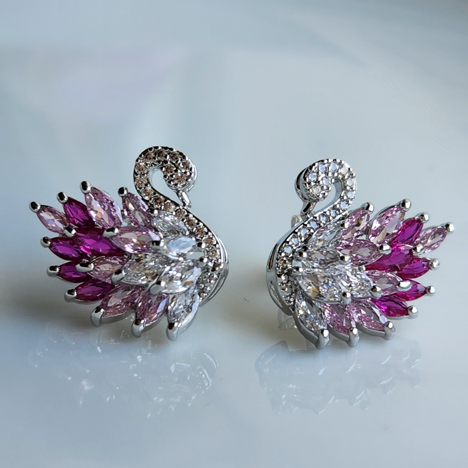 925 Sterling Silver 2.4x4mm Pink Tourmaline Swan 3/4” Earrings Gemstone