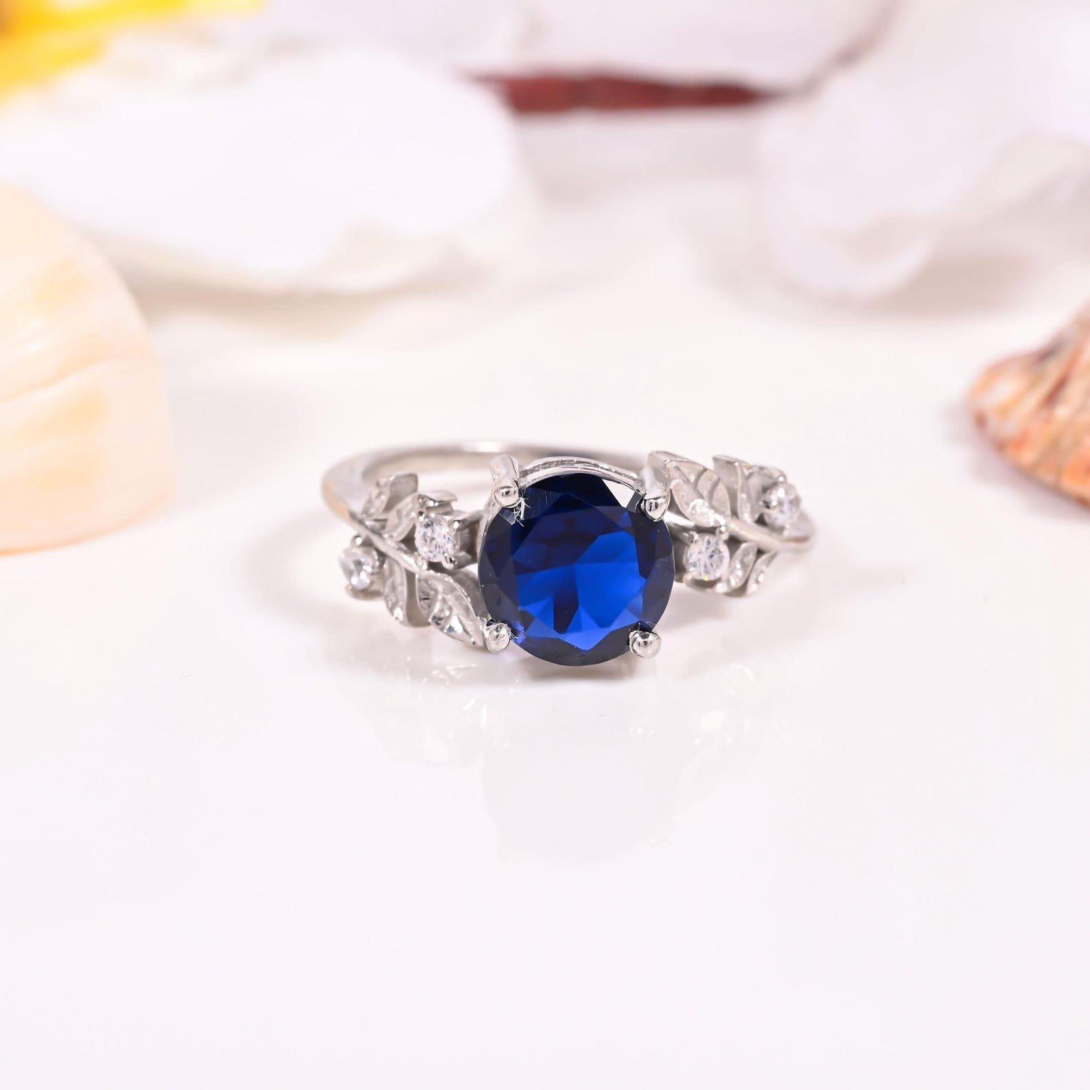 Natural Blue CZ Royal Gemstone Ring, Leaf Design Blue Ring, Engagement Ring