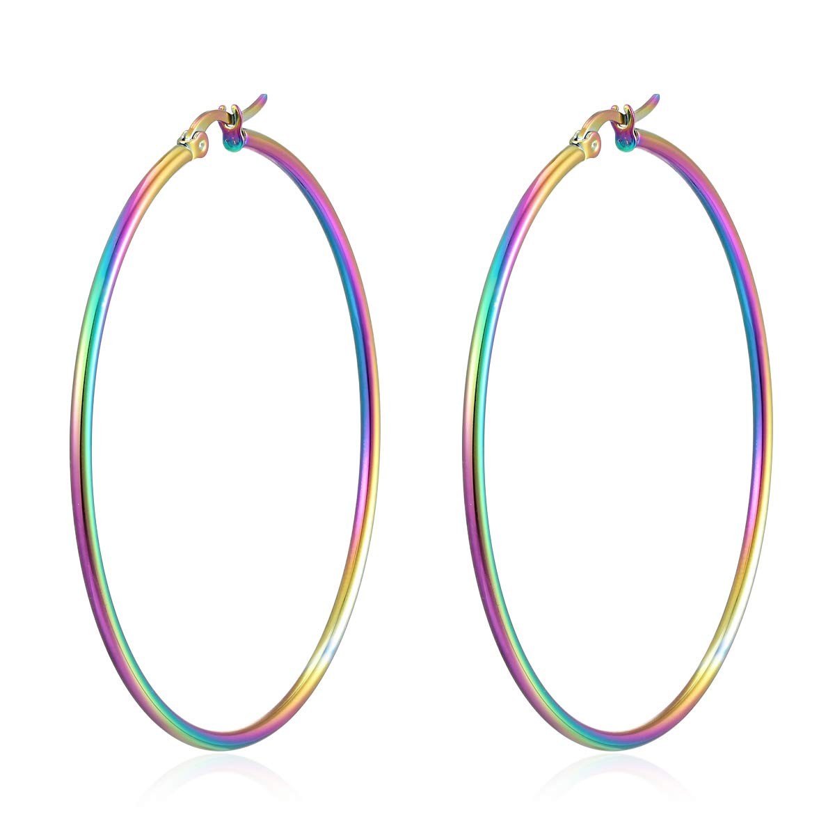 Large Circle Huggie Hinged Hoop Earrings Womens Steel Oxidized Rainbow, 7CM Wide