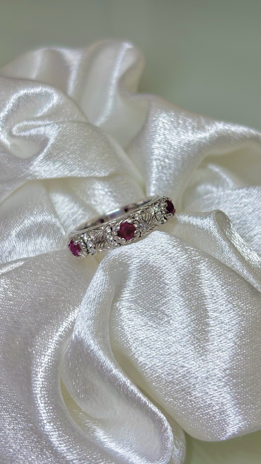 Judith Ripka Sterling Silver Stackable Red Ruby & Pave CZ Band Ring Size 5