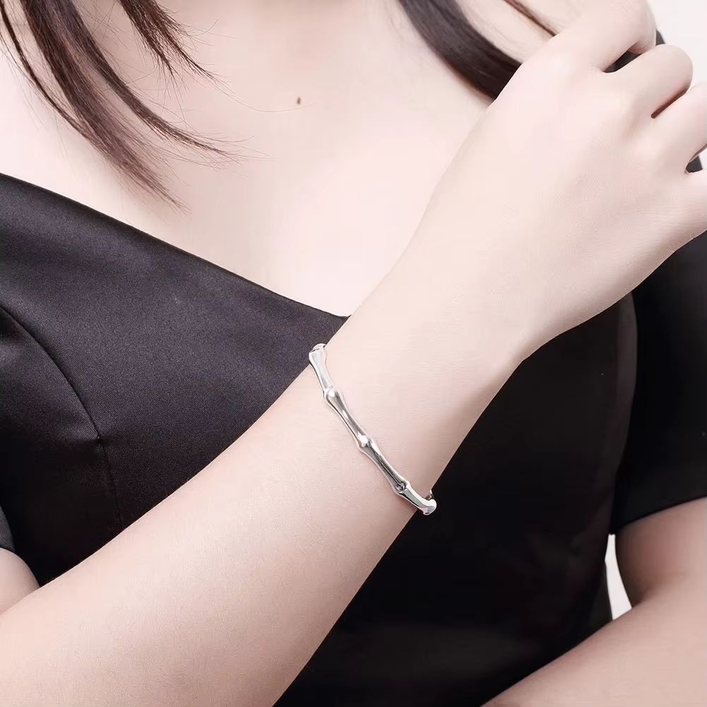 925 Silver Filled Bamboo Torque Bangle Bracelet Adjustable 7cm Diameter