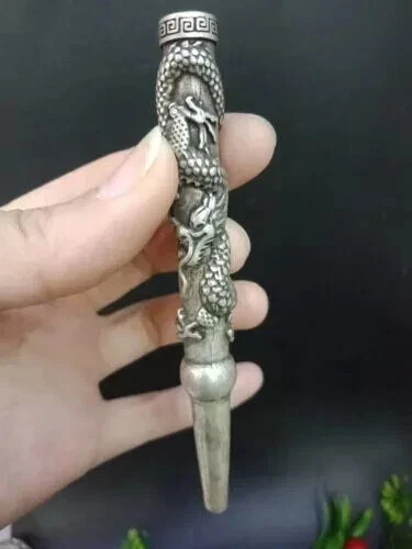 Old Chinese Tibet Silver hand-Carved Dragon cigarette holder Smoking tools