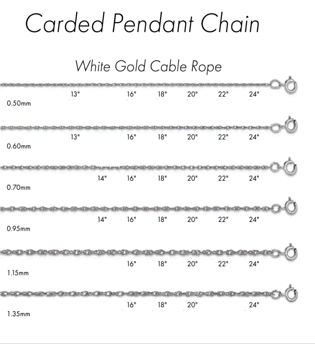 Cable Rope Pendant Chain Necklace 14K White Gold – 13″, 14″, 16″ 18″ 20″ 22″ 24″