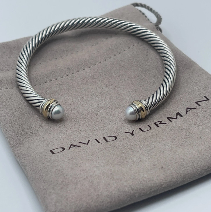David Yurman 5mm Cable Sterling Silver Pearls and 14K Yellow Gold Bracelet