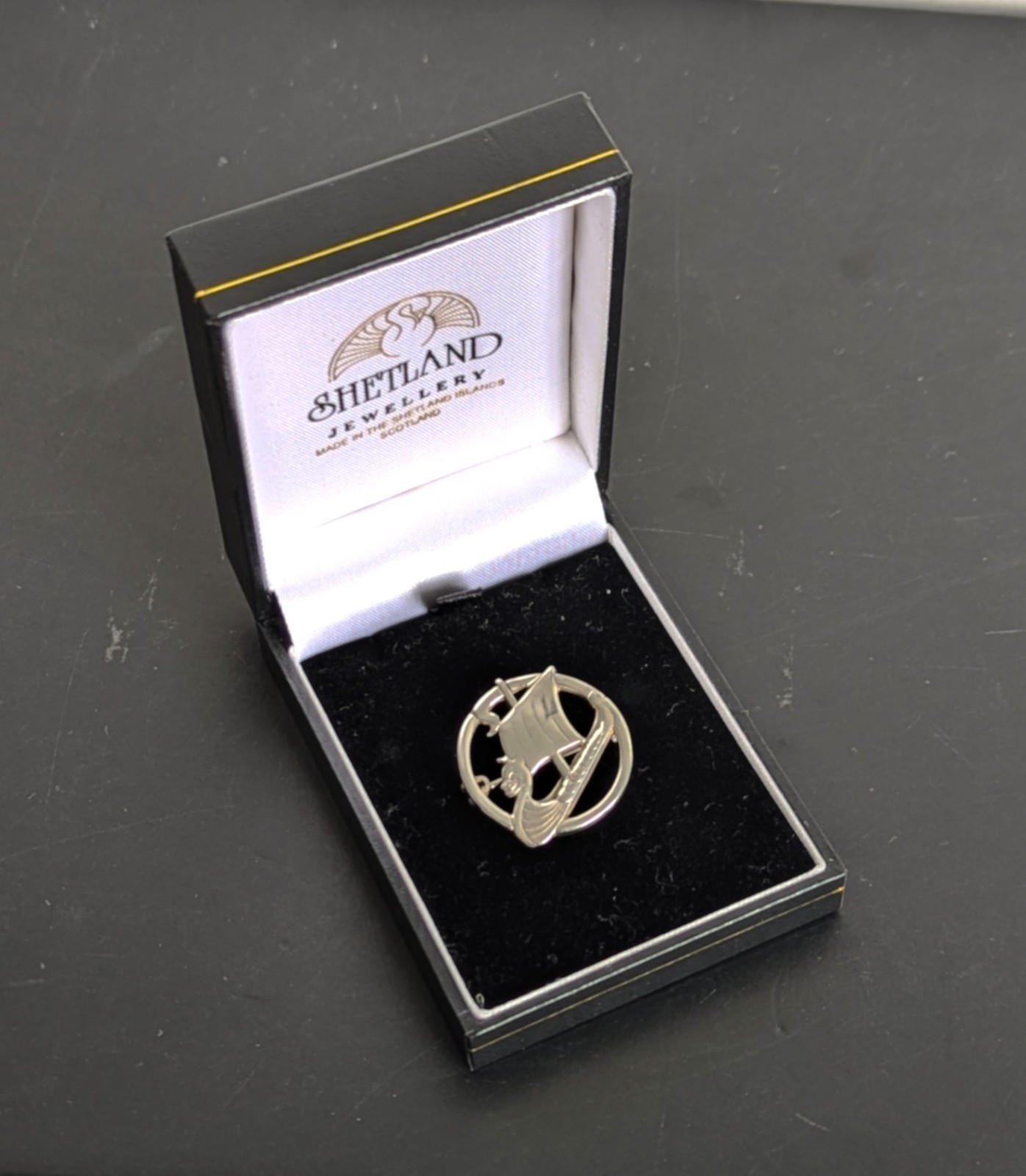 Vintage Boxed Scottish Sterling Silver Viking Ship Brooch Shetland Silver 1961