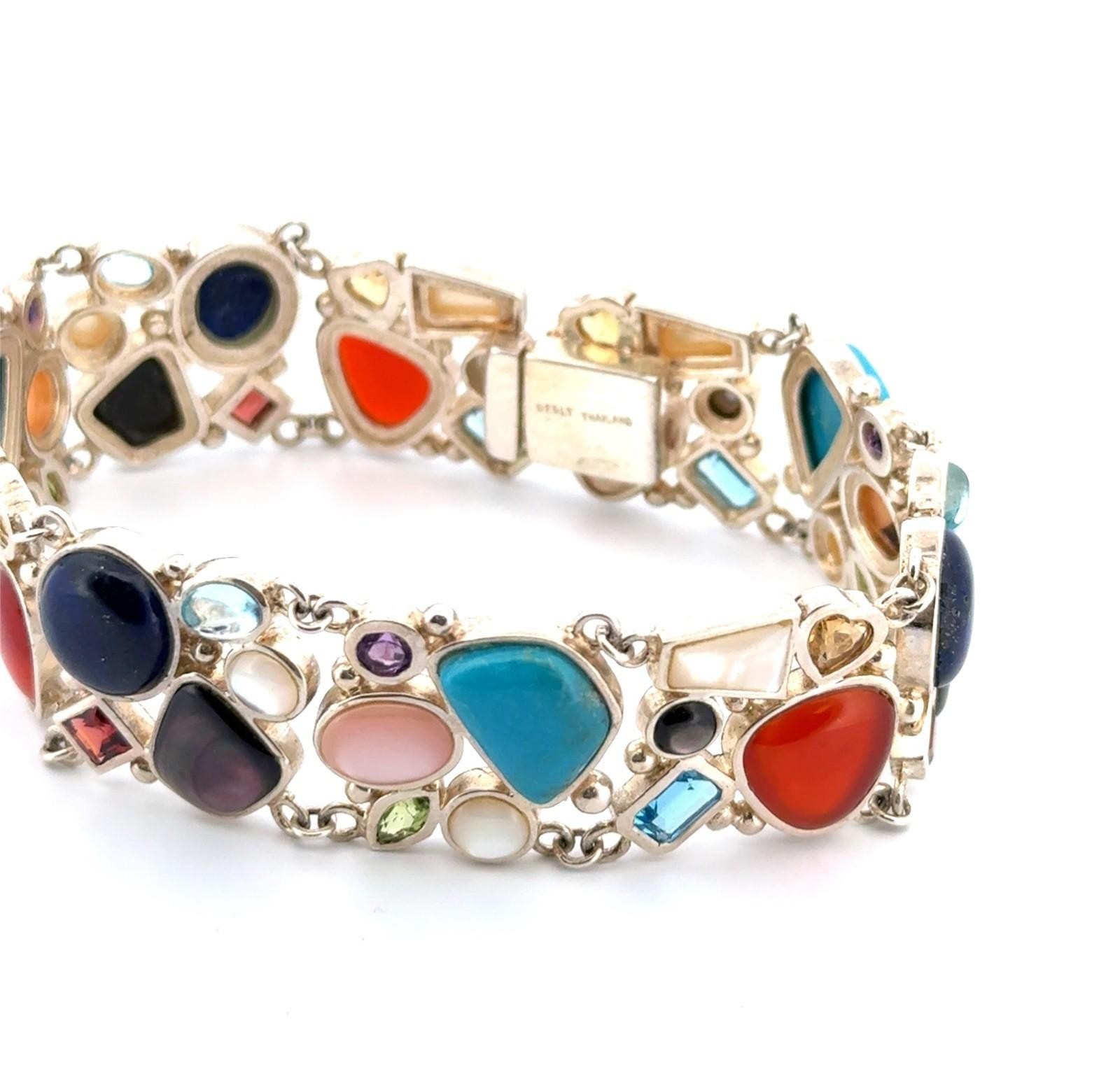 LT Thailand 925 Sterling Silver Multi-Stone Statement Hidden Clasp Bracelet 53g