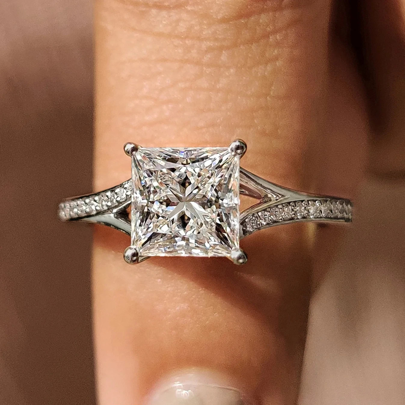 3.30Ct Princess E/VS1 Lab Grown Diamond Accent-Stone Wedding Ring 14k White Gold