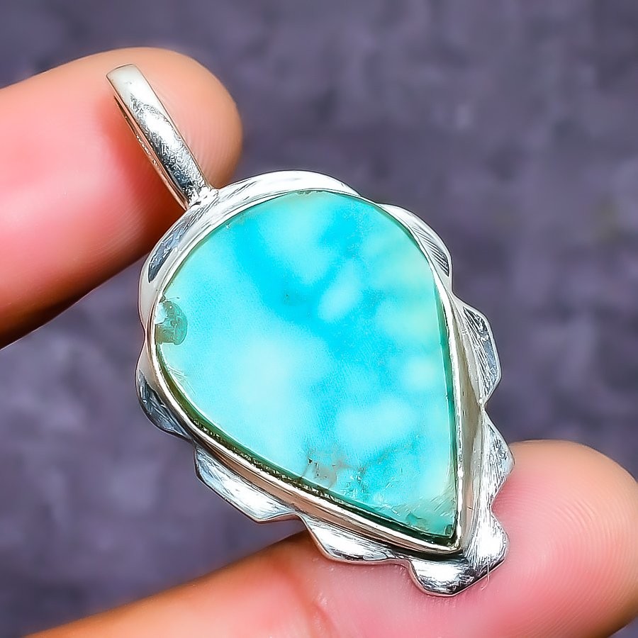 Enthralling Tibetan Turquoise Gemstone 925 Sterling Silver Pendant 1.58″