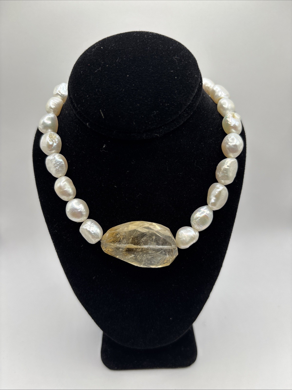 Freshwater Baroque Pearl with Citrine Sterling Silver Necklace 16-20″