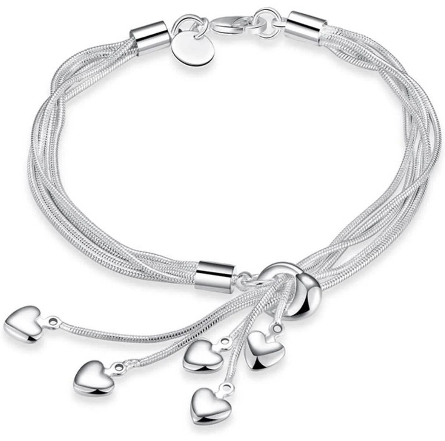 925 Sterling Silver Five-Line Chain with Five-Heart Bracelet