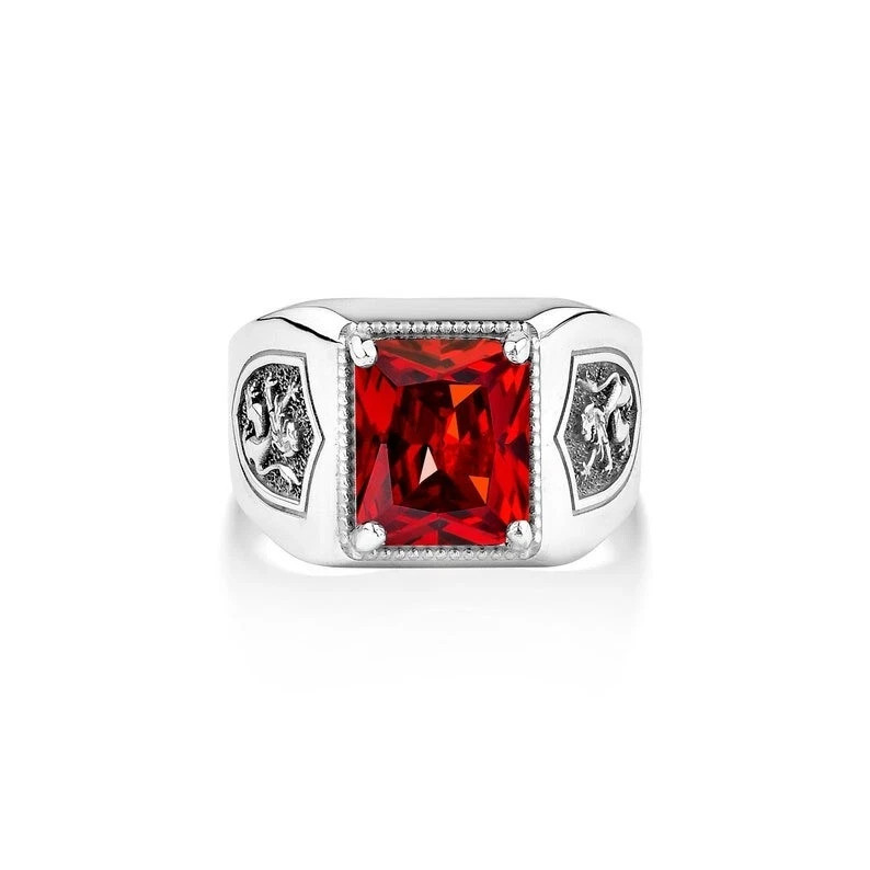 Red Ruby Men Ring With Engraved Rampant Lion 925 Silver Men Ring Gift For Love