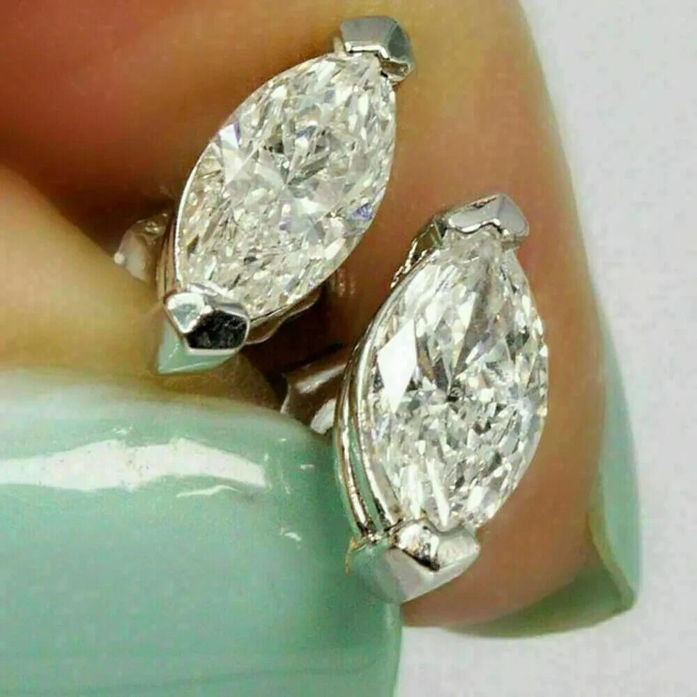 2 Ct Marquise Lab Created Diamond Solitaire Stud Earrings 14K White Gold Plated