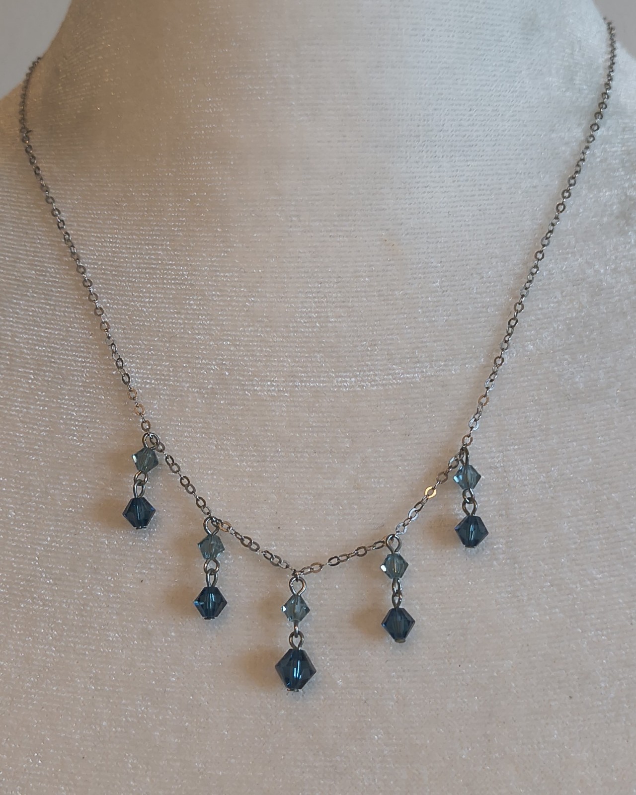 Sterling Silver 925 & Blue Faceted Crystal Chandelier Beaded Necklace Italy