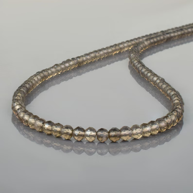 Natural Smoky Quartz Beaded Necklace Handmade 18″ 925 Sterling Silver Gemstone