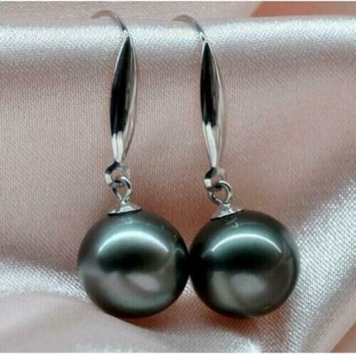 LUSTER AAAAA 10-9mm REAL natural Tahitian black pearl earring 14k White Gold