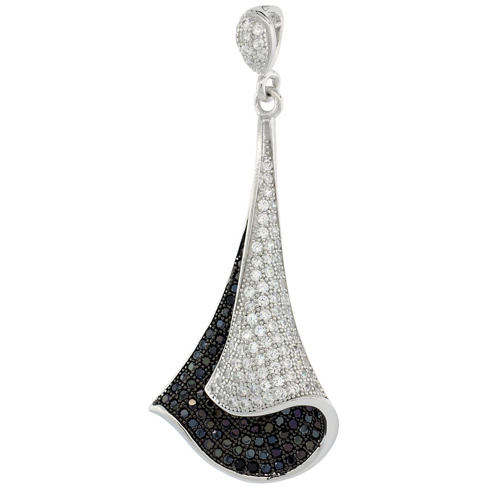925 Sterling Silver Leaf Shape Micro Pave CZ Pendant 1 3/8 (35mm) Inch Tall