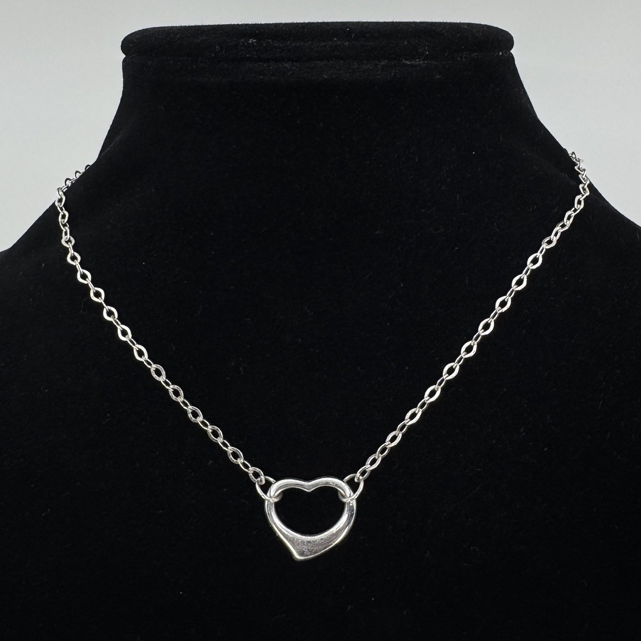 Sterling Silver Floating Open Heart Fixed Pendant Necklace Signed FAS 15.5”