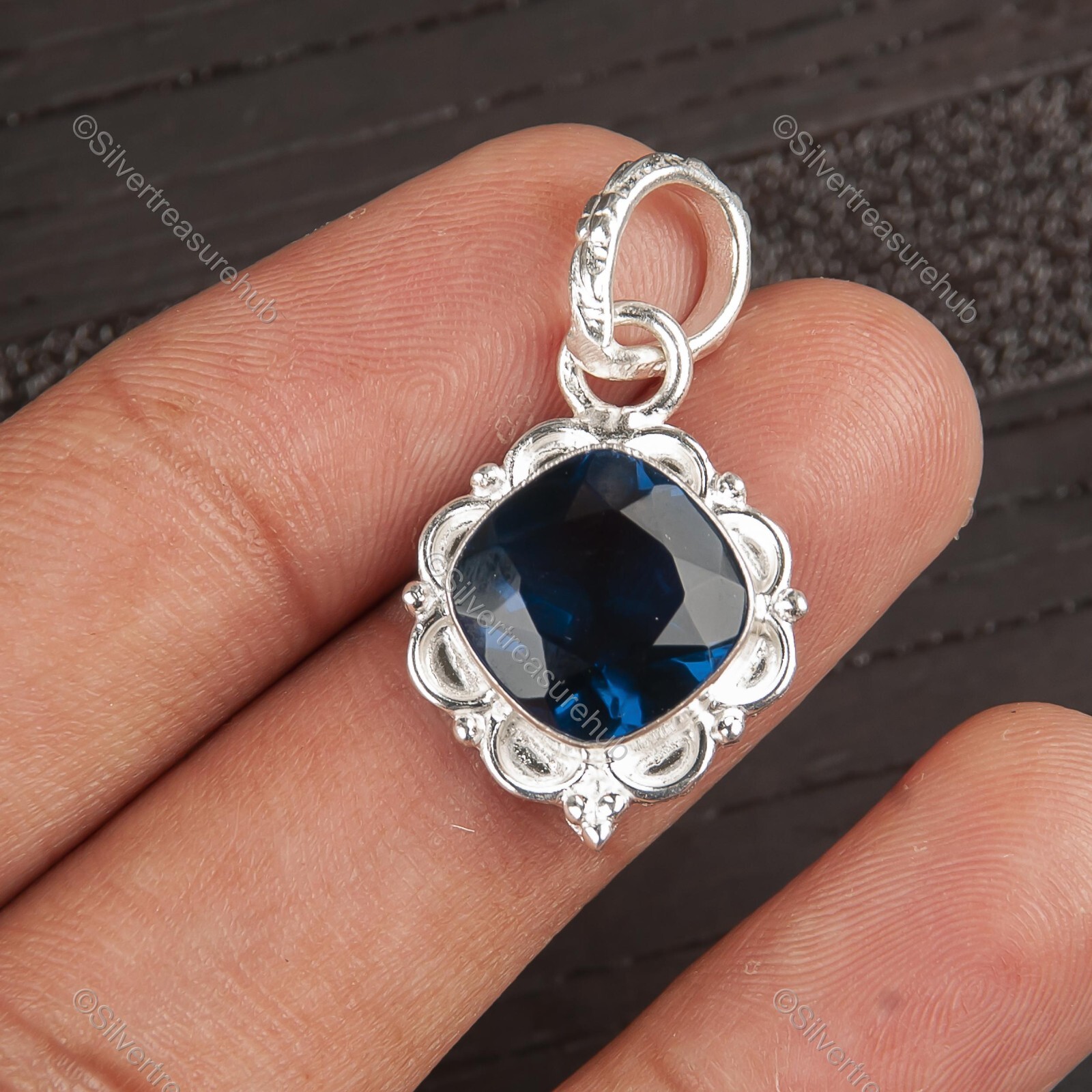 925 Sterling Silver Natural LONDON BLUE TOPAZ Handcrafted Wife Wedding Pendant