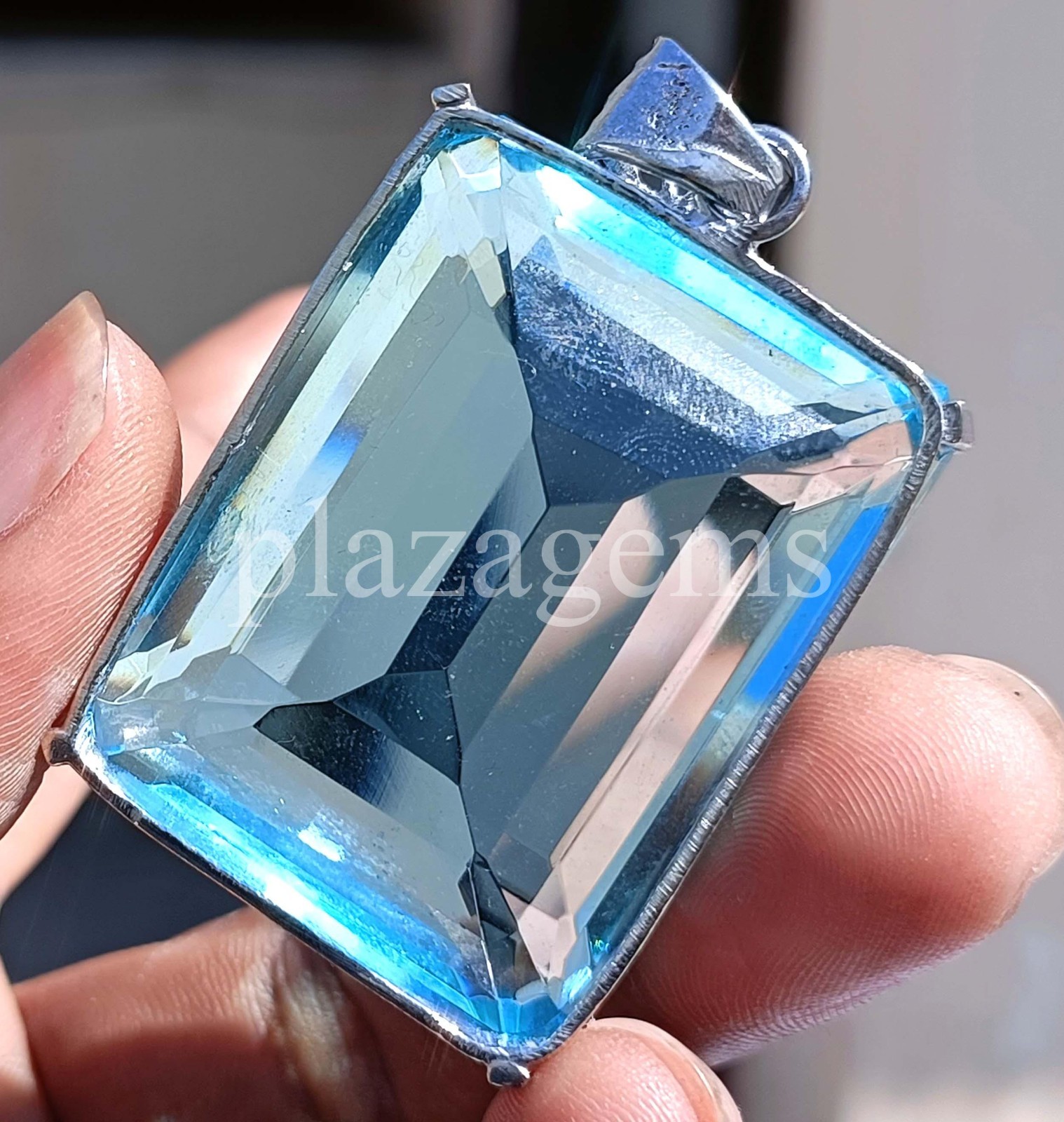 220 Ct Natural Sky-Blue Aquamarine Emerald Cut EGL Pendant 925 Silver Chain 6MGU