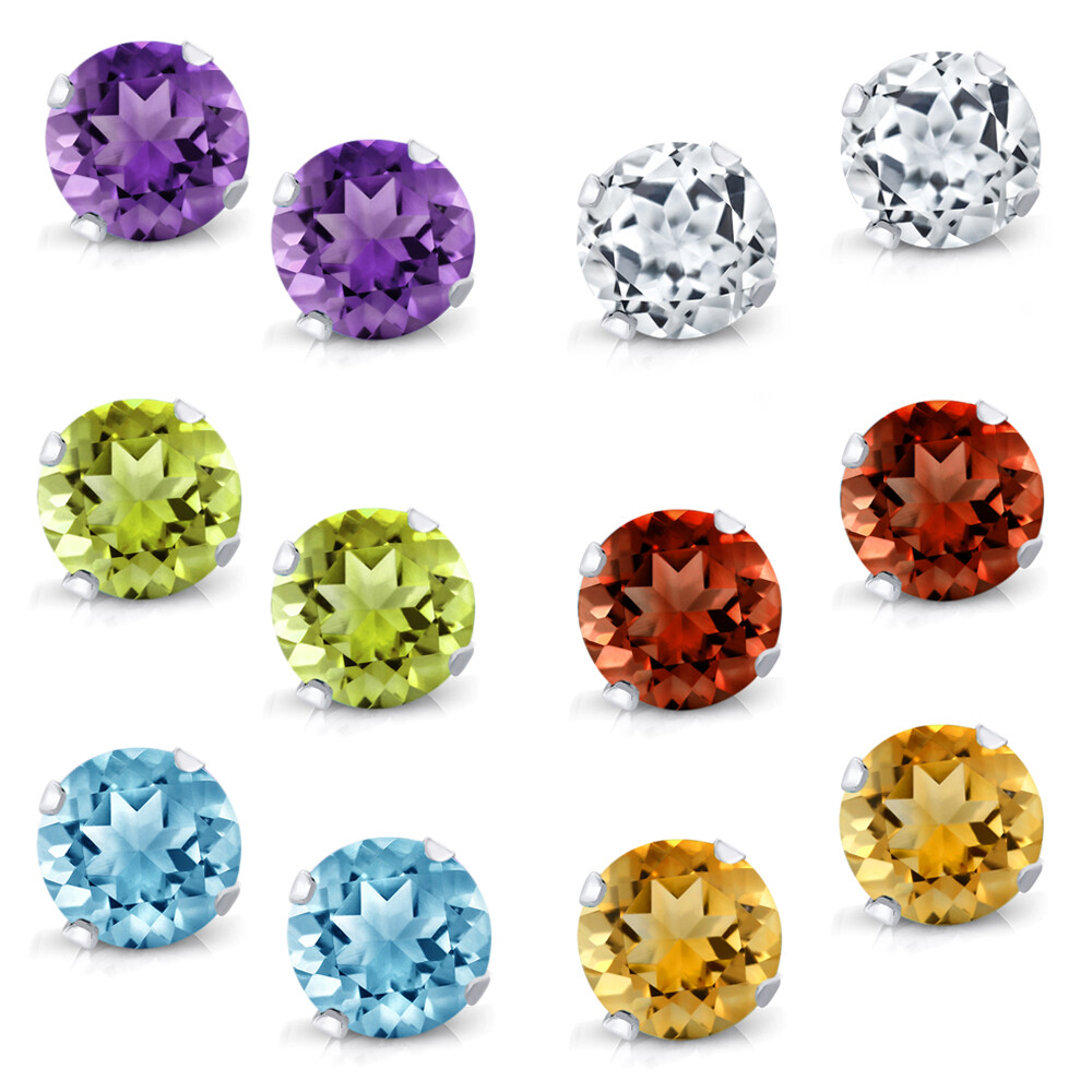 925 Sterling Silver Set of 6 4MM Gemstone Stud Earrings – Amethyst, Topaz,