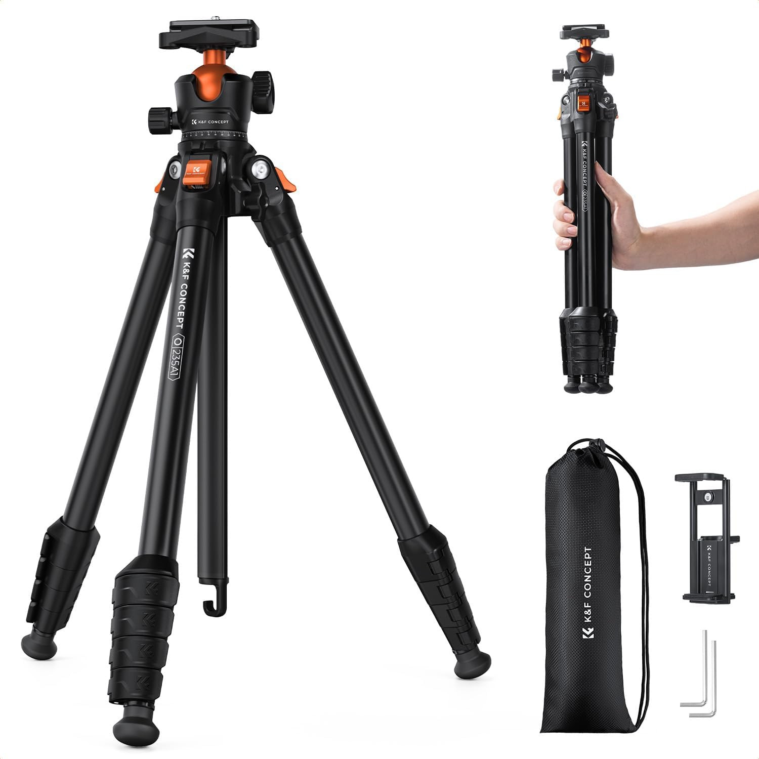 63″ Aluminum Travel Tripod for Camera W Phone Holder, Non-Reversible Lightweight