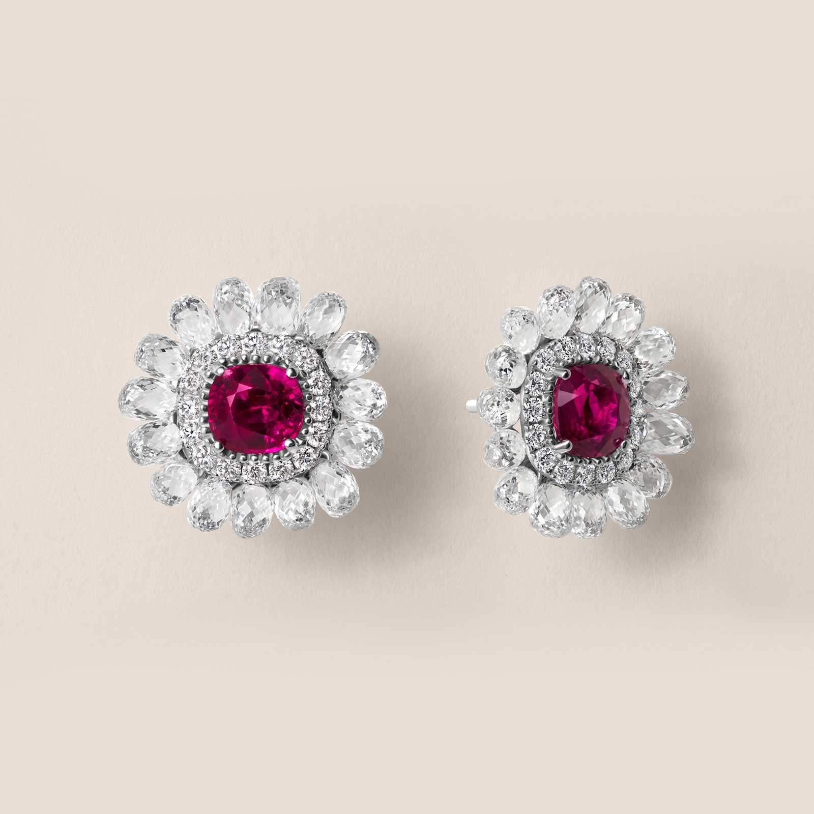 GIA Cert Cushion Unheated Ruby & White Diamond Briolette Floral Stud Earrings