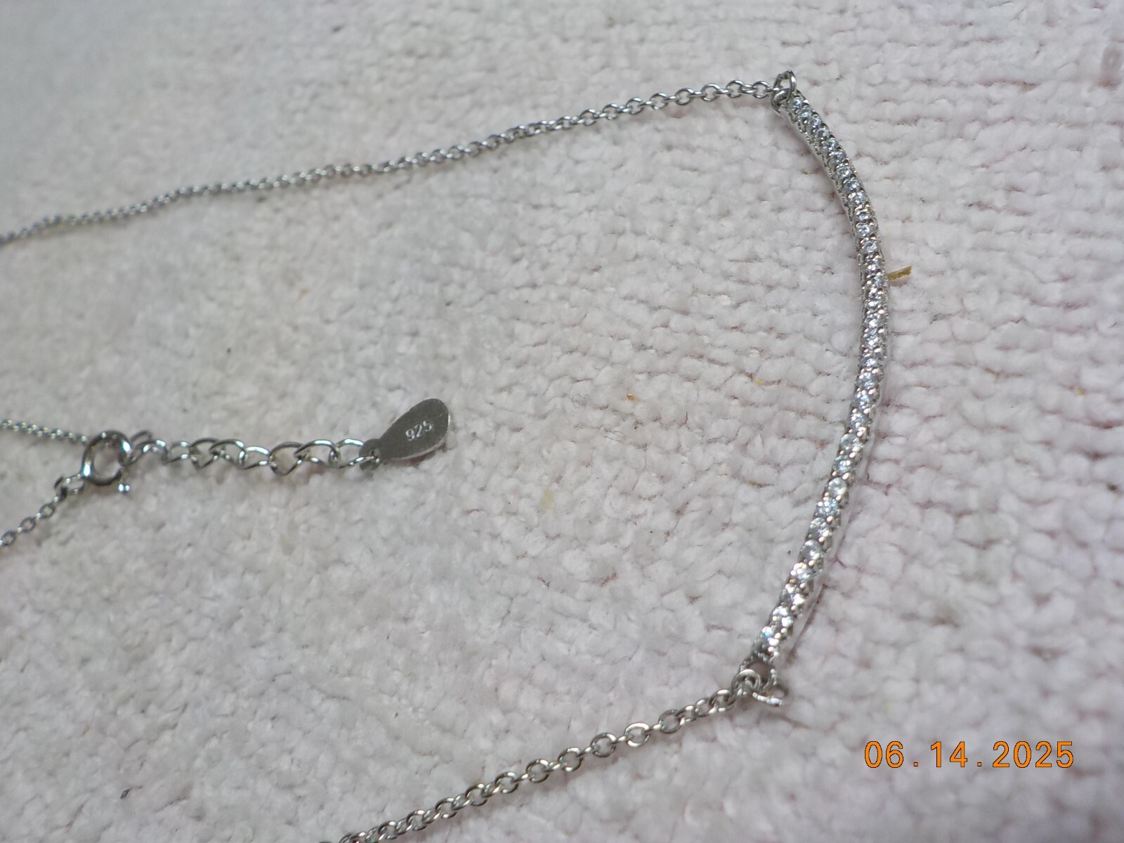 STERLING SILVER TINY ROLO LINK NECKLACE W/FIXED CURVED CRYSTAL STUDDED PENDANT