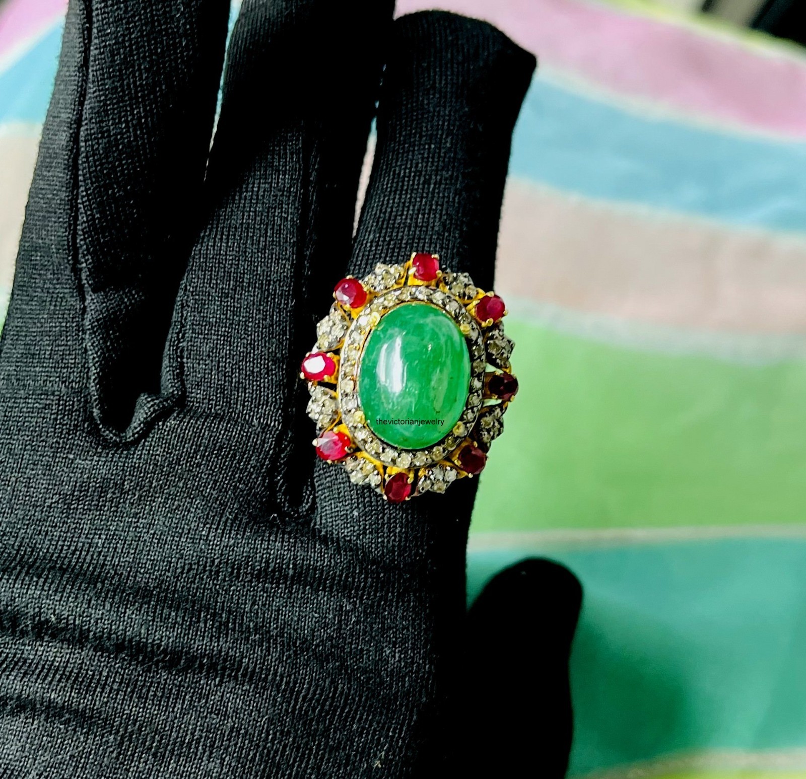 Emerald Ruby Pave Diamond 925 Sterling Silver Antique Ring Gift For All Occasion