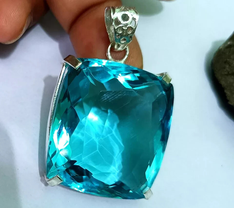 100 Ct+ Certified Natural Blue Topaz 925 Solid Silver Pendant Loose Gemstone A+