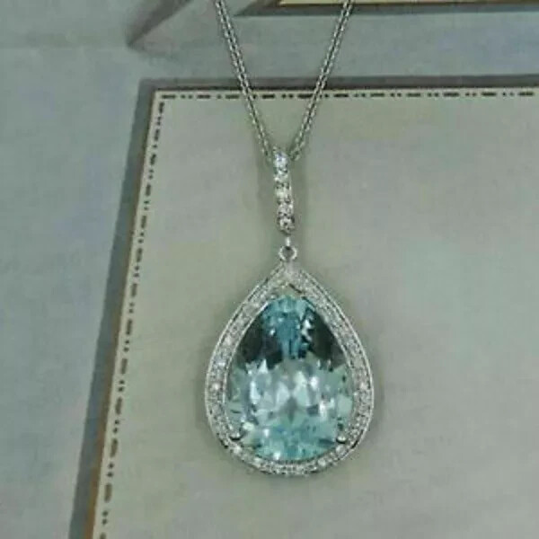 3Ct Pear Cut Aquamarine Necklace Halo Pendant 14K White Gold Finish Free Chain