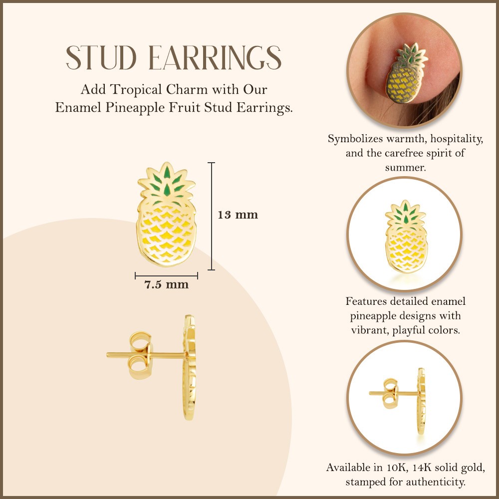 Gold Enamel Pineapple Fruit Stud Earrings (Available in Yellow/Rose/White Gold)
