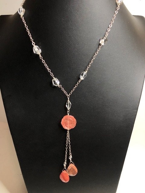 B0160 Sterling Silver Lariat Necklace Carved acrylic rose & Clear Quartz 16″
