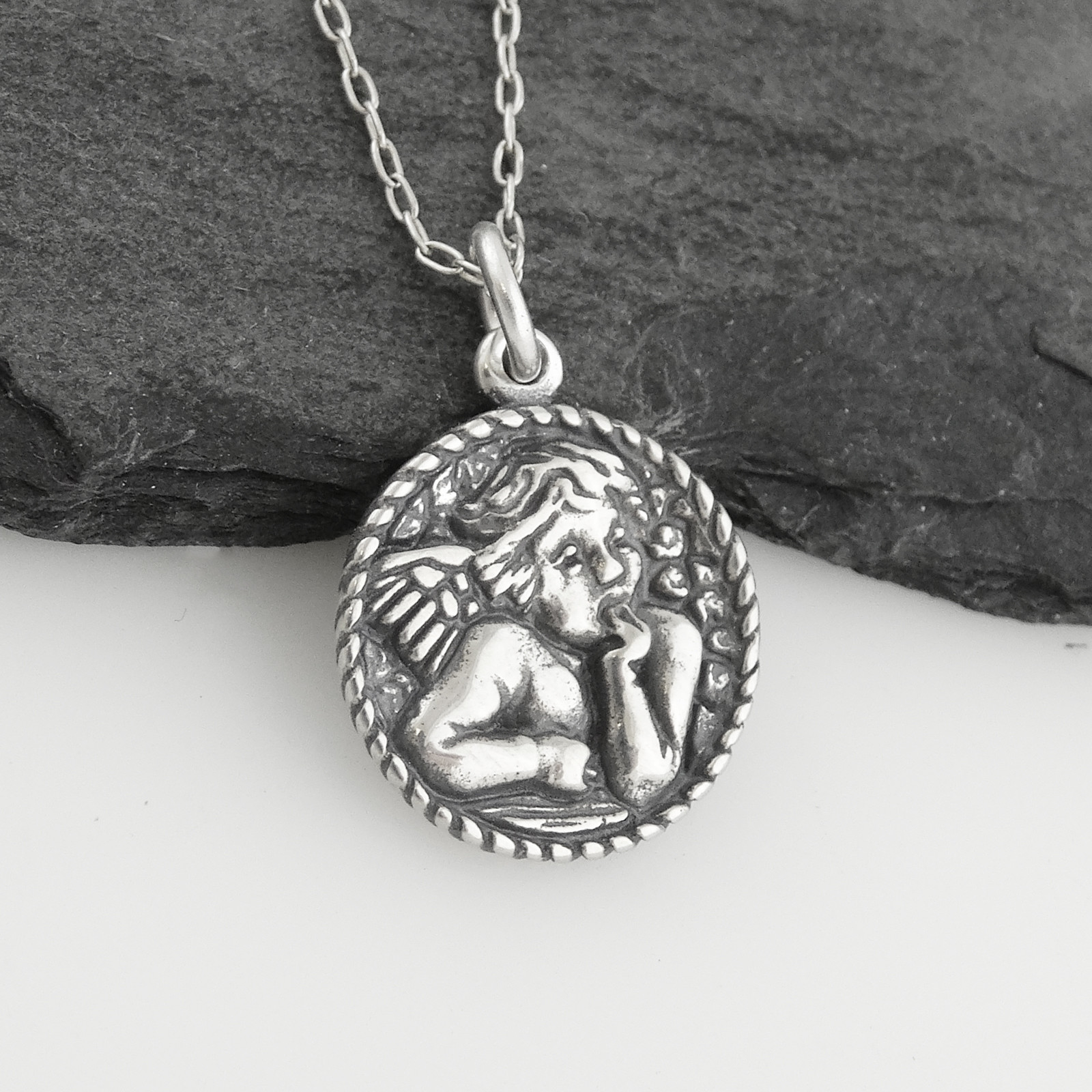 Round Cherub Angel Charm Necklace – 925 Sterling Silver – Guardian Angels Gift