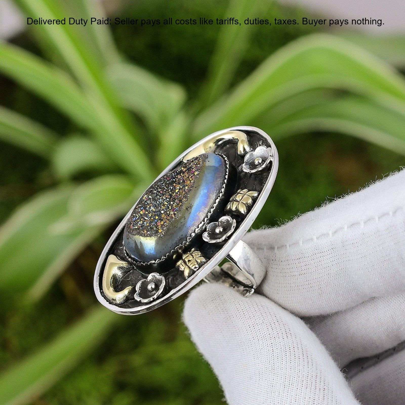 925 Sterling Silver Oval Natural Window Titanium Druzy New Statement Unique Ring