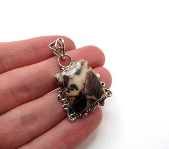 925 Sterling Silver Fancy Set Brown & Beige Jasper Stone Large Bale Pendant