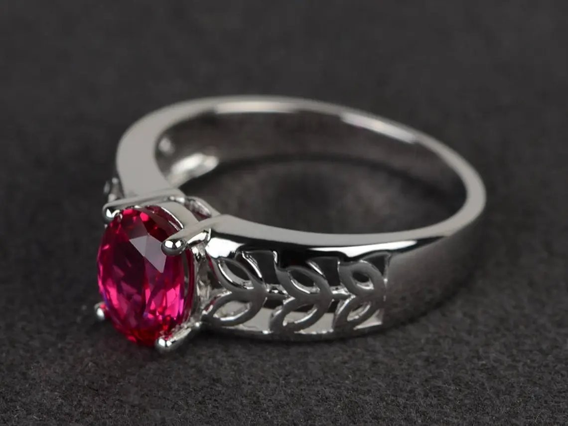 925 Sterling Silver Pink Ruby Lab Created Women Art Deco Ring Duty Free
