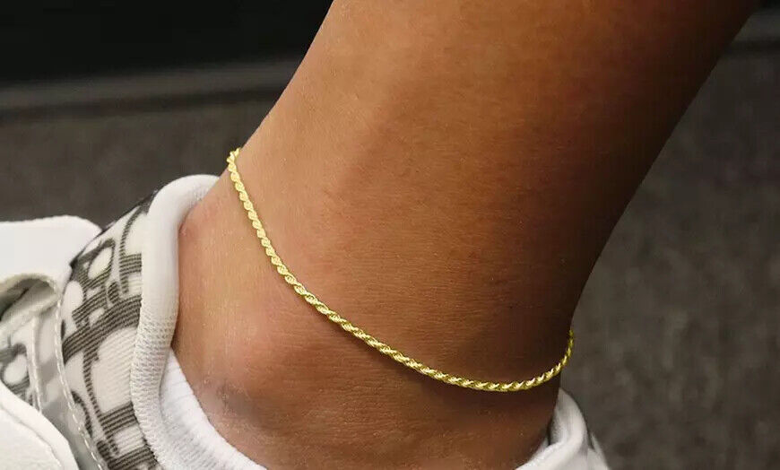 1MM Solid 925 Sterling Silver Gold Italian DIAMOND CUT ROPE Anklet 9″ or 10″