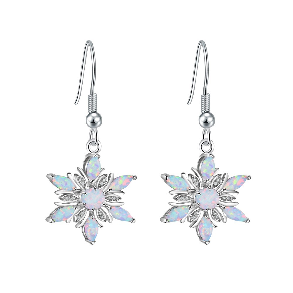 Hawaii Beach White Fire Opal Snowflake Earrings Silver Filled For Women Girls