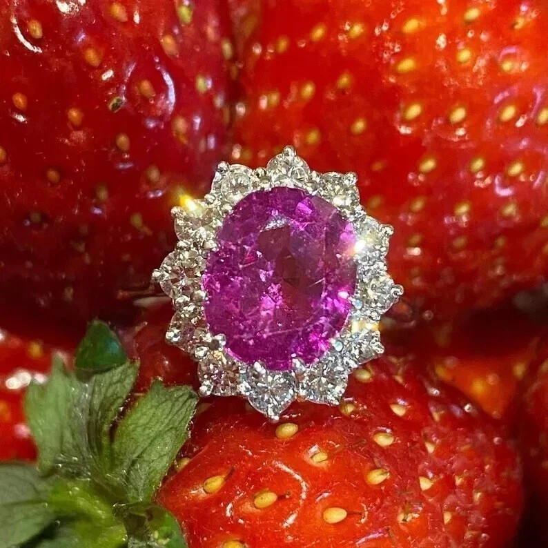 6.80 Ct Oval Natural Pink Sapphire Diamond Wedding Ring 14K White Gold Size 7