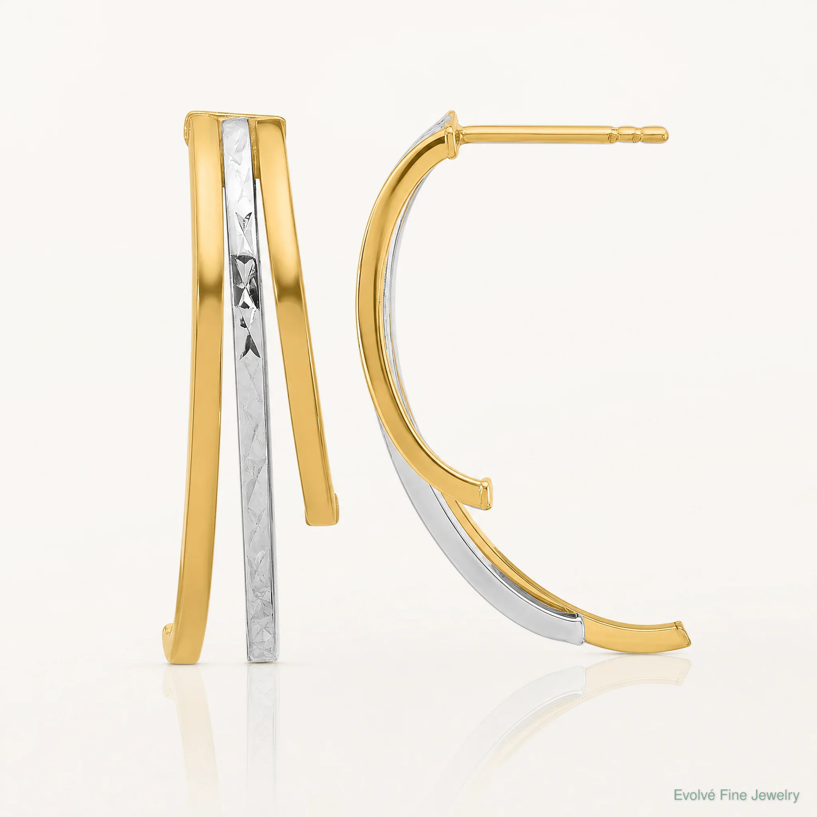 14K Yellow & Rhodium With Rhodium Pol. And Diamond-Cut 3-Row Drop Post Earrings