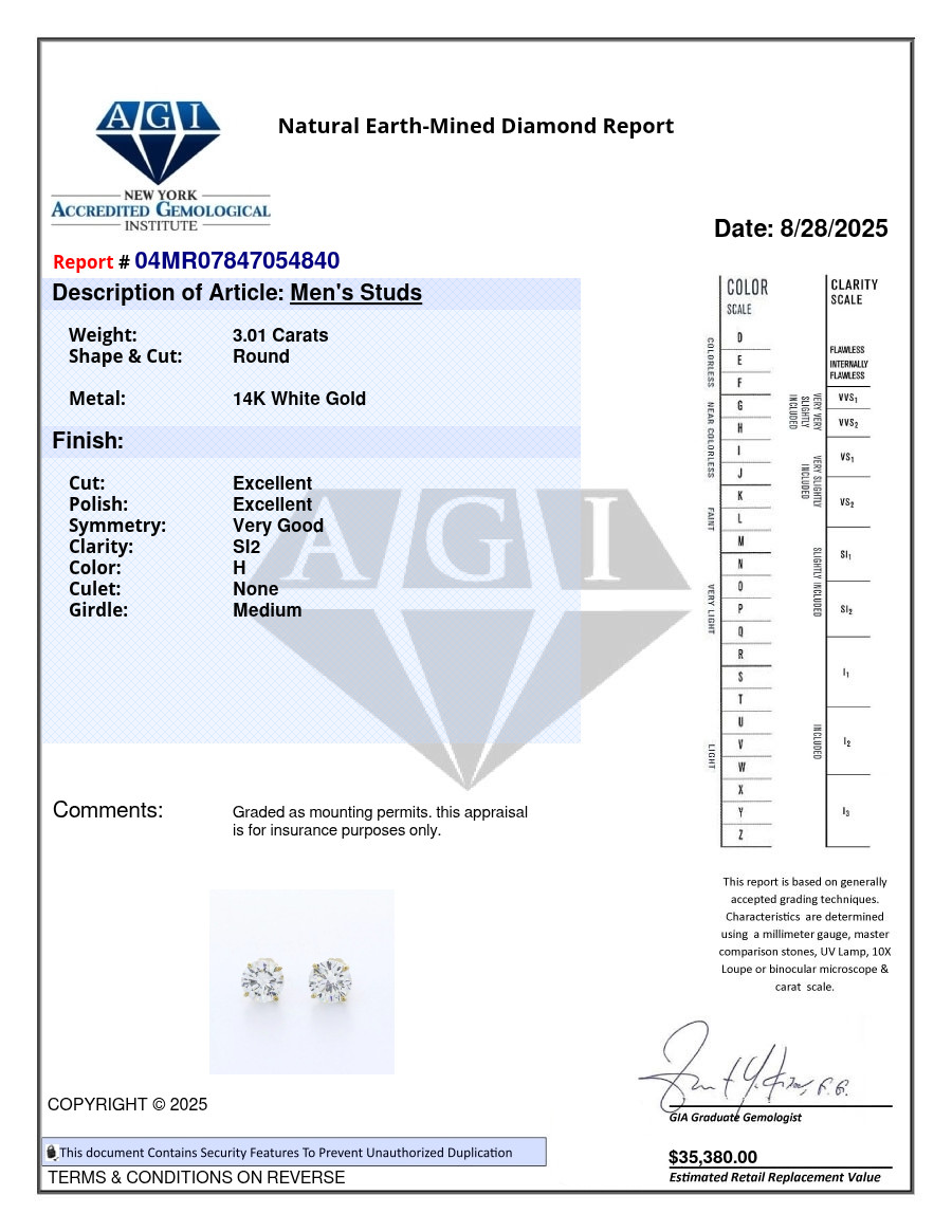 Classic Stud Earrings Solid 14K White Gold 3.01 CT Round Natural Diamond H SI2