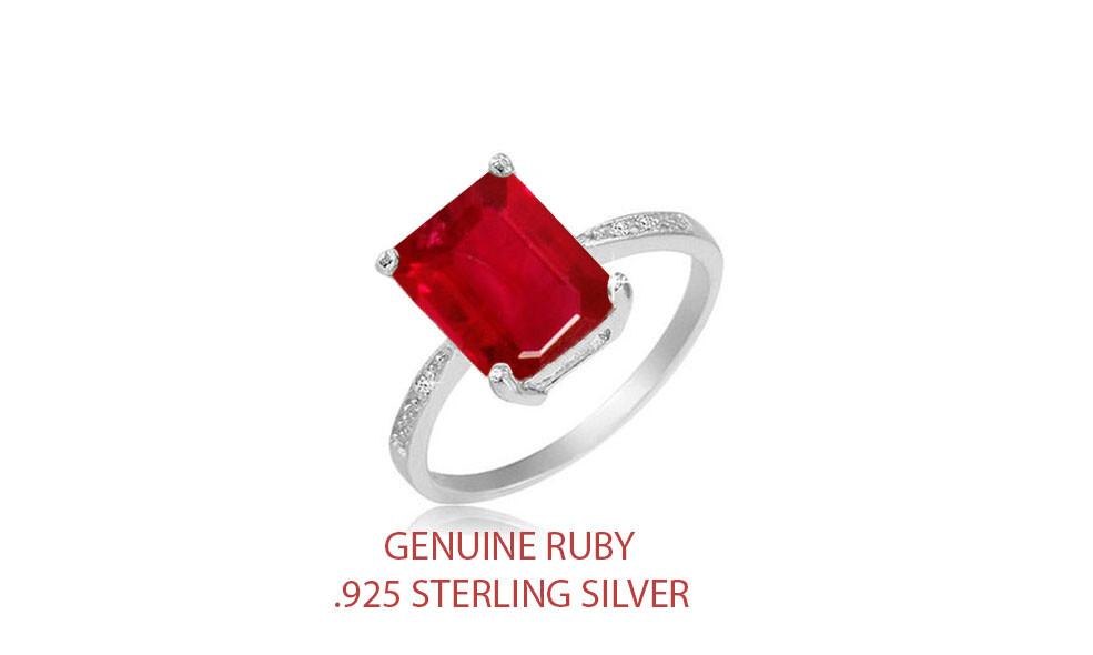 4.00 CTTW Lab Created Ruby Emerald Cut Sterling Silver Ring Sizes 6 – 9
