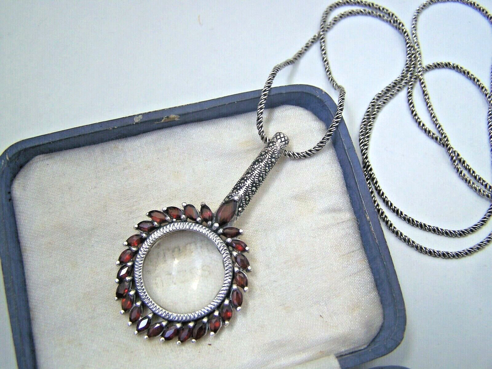 STERLING SILVER GARNET MARCASITE MAGNIFYING MAGNIFIER GLASS CHATELAINE PENDANT
