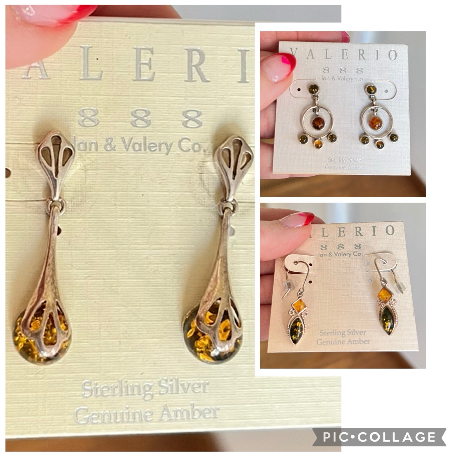 3 PAIRS Valerio 888 Amber 925 Sterling Silver Earrings Round Drop Dangle-NEW