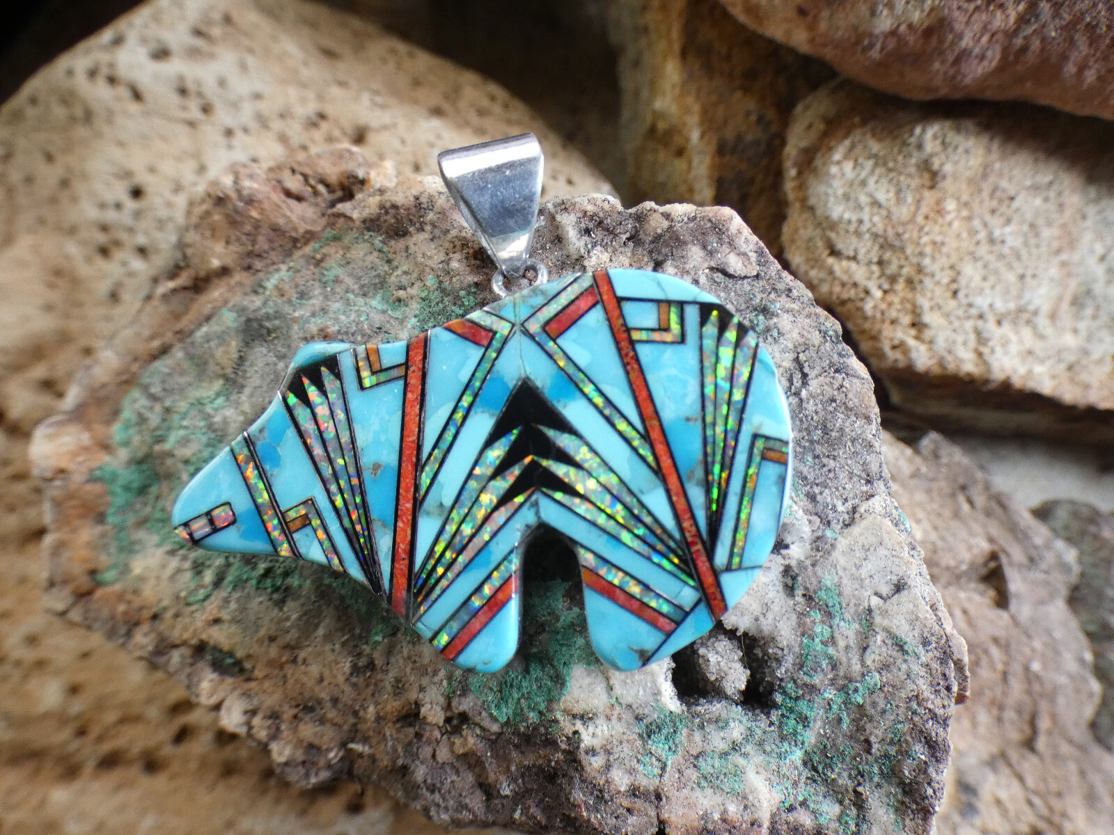 Bear Micro Inlay Multi Gemstone Opal Aluminum Sterling Silver Alloy Pendant AK39