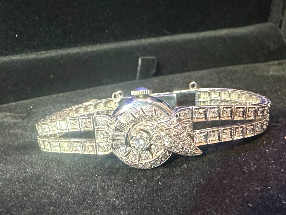 14k Solid Gold Ladies Diamond Double Tennis Bracelet Hamilton Wristwatch 26.3gr